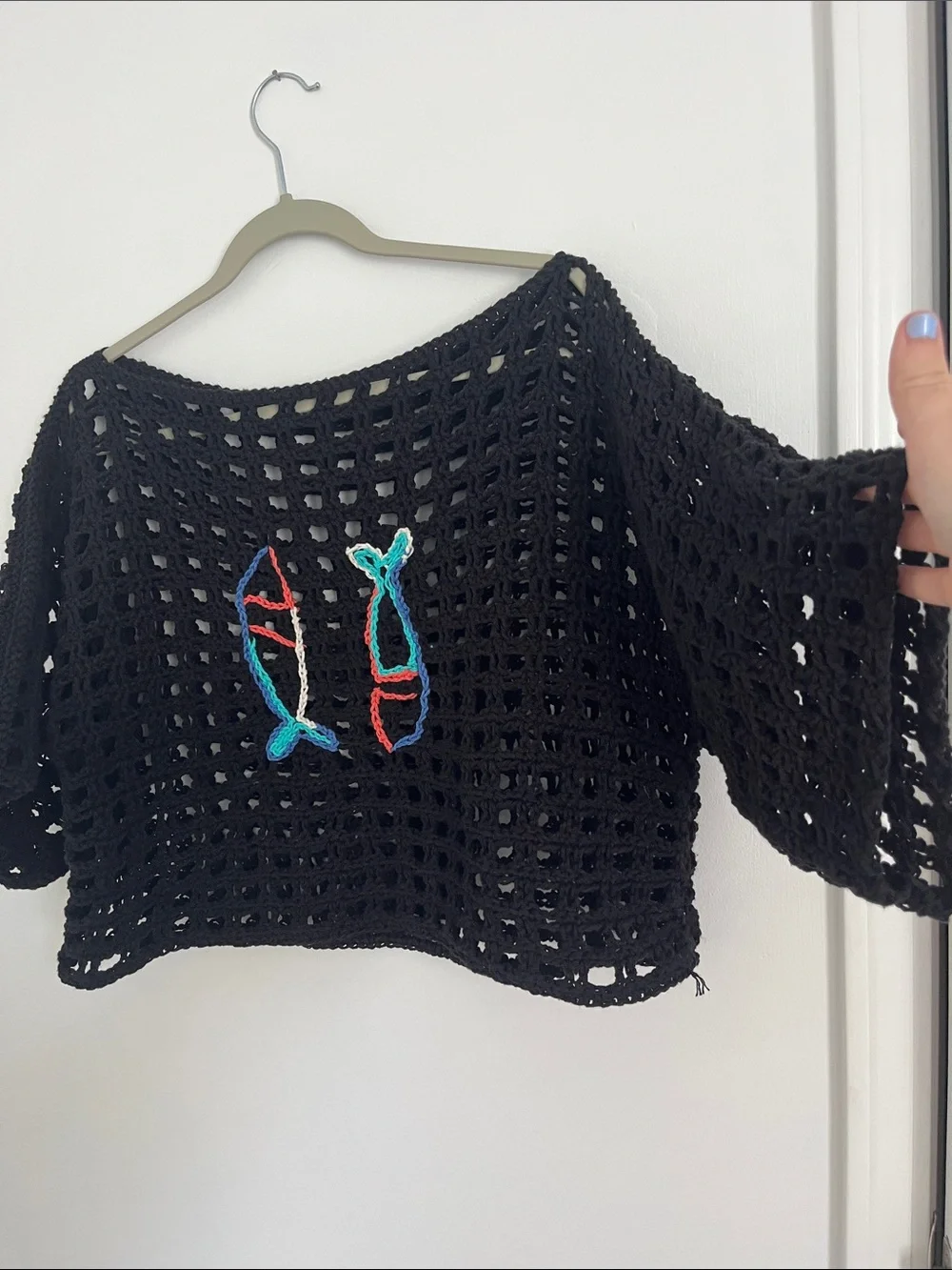 Handmade Black Crochet boxy tee with Colorful Fish Embroidery